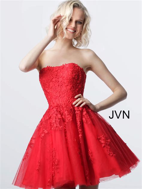 JVN1830 Dress | Red short fit and flare floral lace cocktail dress