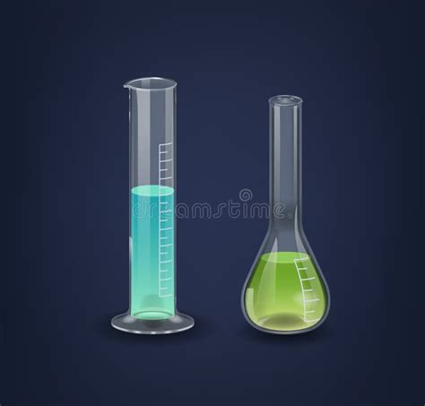 Graduated Cylinder and Kjeldahl Laboratory Flasks with Colorful Solutions. Essential Glassware ...