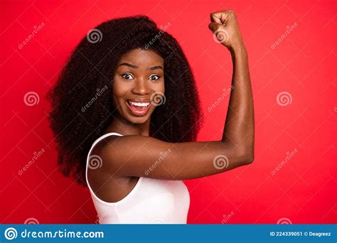 Profile Side Photo of Young Black Girl Happy Positive Smile Show Hand Muscles Sportive Isolated ...