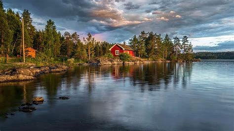 Ringerike, Norway, cabin, reflections, landscape, clouds, trees, sky ...