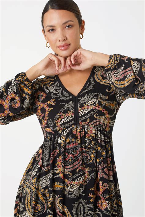 Black Paisley Print Stretch Dress | Roman UK