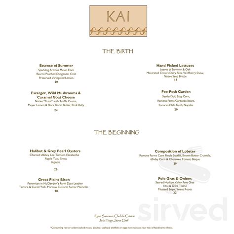 Kai Restaurant menu in Phoenix, Arizona, USA