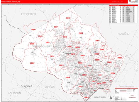 Montgomery County, MD Zip Code Wall Map Red Line Style by MarketMAPS ...