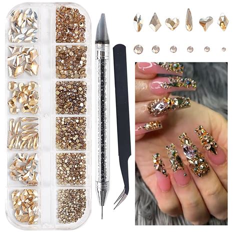 Amazon.com: SUTOKAKA 1 Box Champagne Gold Nail Art Rhinestones Multi Shapes 3D Flatback ...