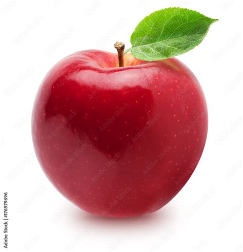 Isolated apple. Whole red, pink apple fruit with leaf isolated on white, with clipping path ...