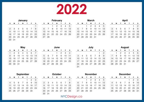 2022 Calendar Printable Free, Horizontal, Green, HD – Sunday Start ...