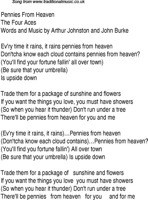 Top songs, 1937 music charts: lyrics for Pennies From Heaven