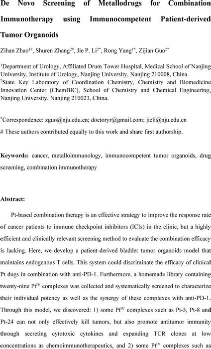 De Novo Screening of Metallodrugs for Combination Immunotherapy using Immunocompetent Patient ...