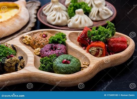 Georgian Cuisine Food Set. Georgian Restaurant. Restaurant Background. Stock Image - Image of ...