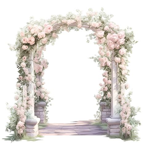 an arch with flowers and greenery on the sides is painted in pastel colors