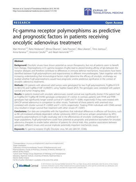 (PDF) Fc-gamma receptor polymorphisms as predictive and prognostic factors in patients receiving ...