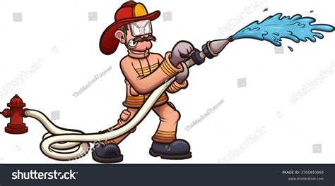 Cartoon Firefighter Extinguishes Fire Vector Clip Stock Vector (Royalty ...