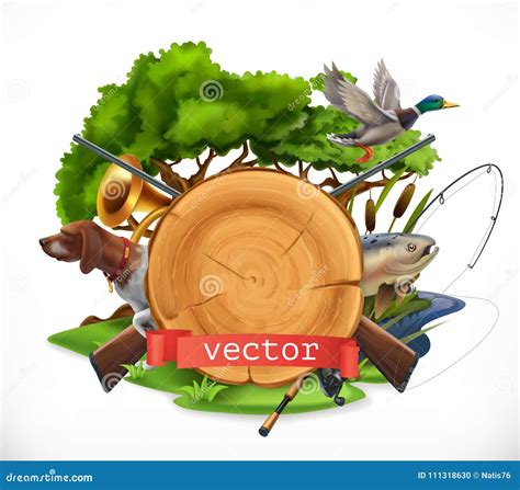 Hunting And Fishing. 3d Vector Emblem Stock Vector - Illustration of pointer, outdoor: 111318630