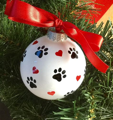 Dog Paw Print and Hearts Christmas Ornament - Personalized Dog Ornament