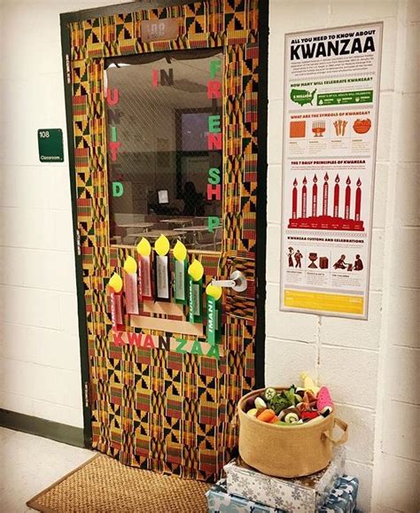 Our Kwanzaa door decoration including a straw mat and basket of fruit ...