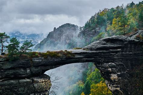 Misty Foggy Landscape of the Pravcicka Gate Pravcicka Brana the Largest Natural Sandstone Arch ...