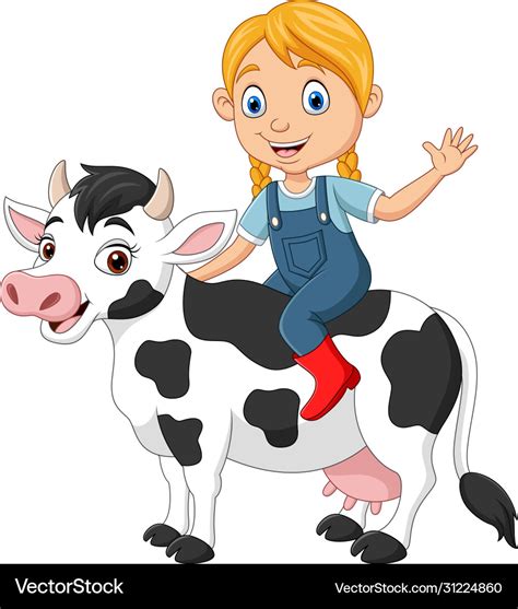 Cartoon happy little girl riding cow Royalty Free Vector