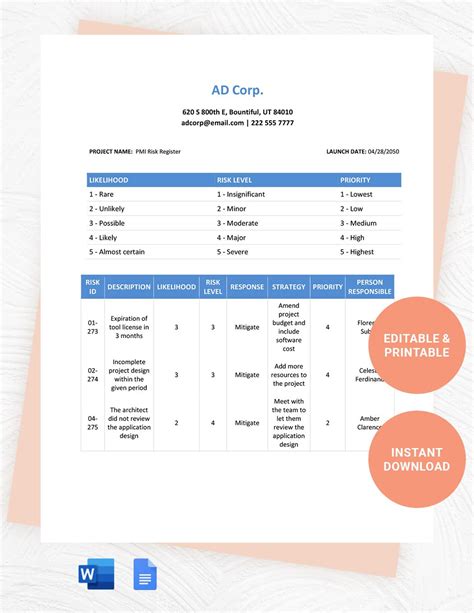 PMI Risk Register Template in Word, Google Docs - Download | Template.net