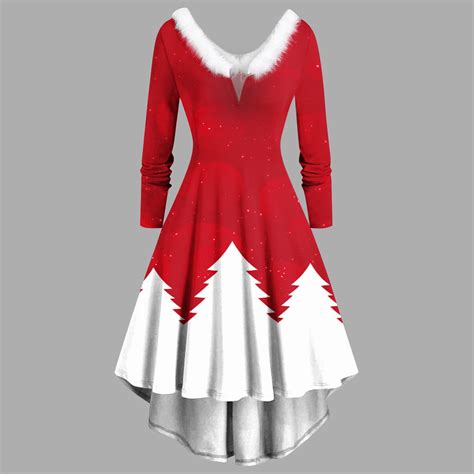 Christmas High Low Dress for Women Plus Size Mrs Claus Costume Xmas Outfits Fuzzy V Neck Swing ...