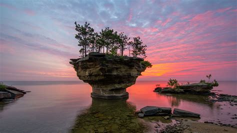 Download Cloud Horizon Lake Huron Michigan Lake Sunset Tree Nature Rock 4k Ultra HD Wallpaper