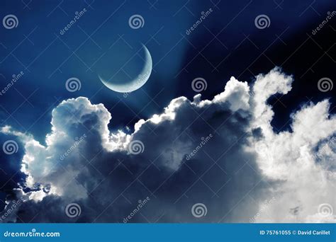 Crescent Moon in a Beautiful Night Sky with Glowing Clouds Stock Image ...