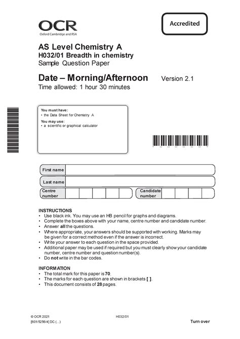 OCR AS Level Chemistry Breadth Past Paper (Revision) - © OCR 20 21 H032 ...