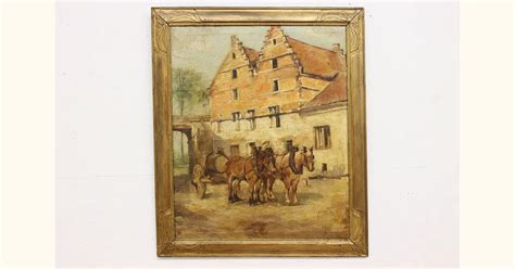 Horses & Wagon Antique Original Oil Painting, Signed 36.5"