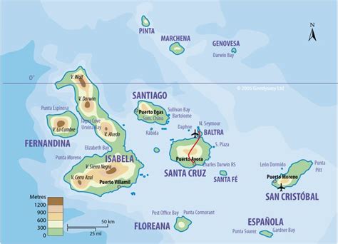 Topographic map of the Galapagos Islands in Ecuador, South America ...