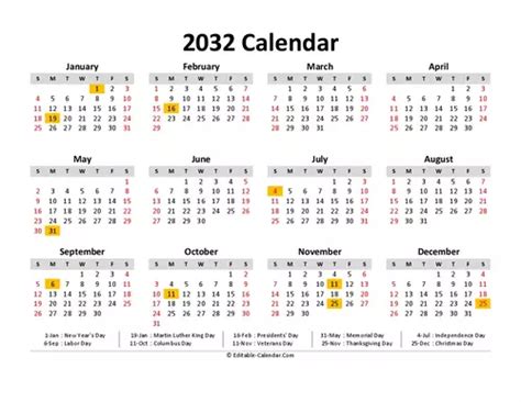 Download 2032 Calendar Printable With Us Holidays, weeks start on Sunday