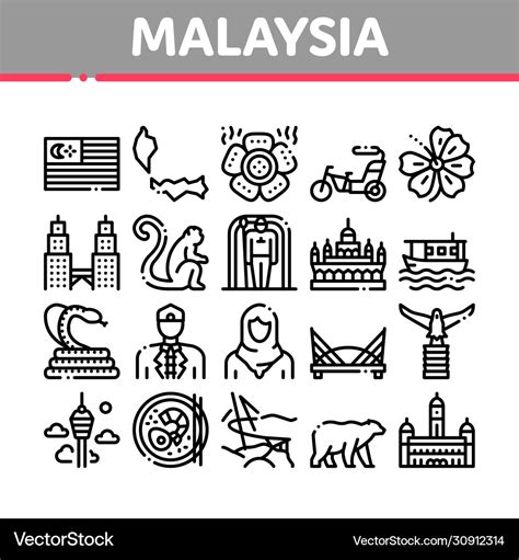 Malaysia national collection icons set Royalty Free Vector