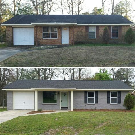 Brick ranch exterior makeover, painted brick, HGTV Sherwin-Williams Hammered Zinc, gray house ...