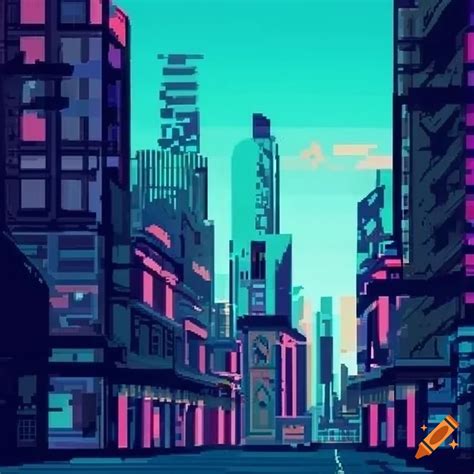 Futuristic city street in retro pixel art