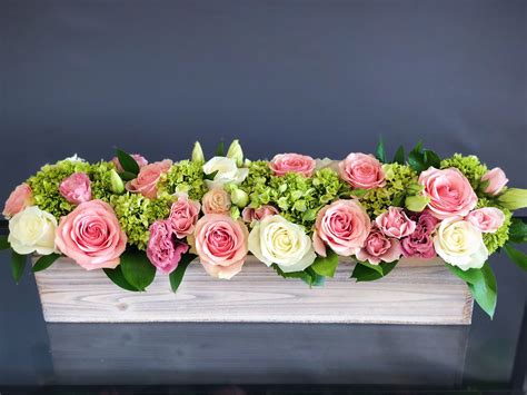 Long wood box arrangement for a table with white and pink roses ...