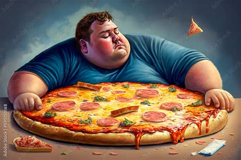 Cartoon chubby guy eats Pizza. Hungry, fantasy, unhealthy funny fat guy ...