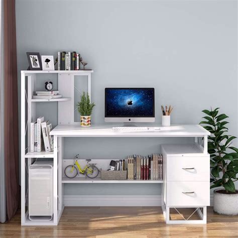Little tree Computer Desk with Drawers, Functional Writing Desk with Corner Tower Shelves Works ...