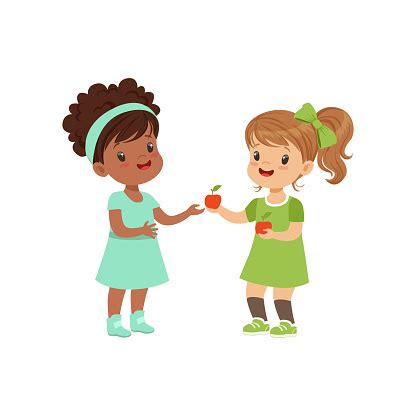 Ilustración de Chica Dando Una Manzana A Otra Chica Los Niños ...