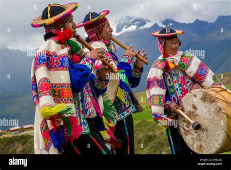 Traditional Inca Dancers in costume, Inca terraces of Moray, Cusco Region, Urubamba Province ...