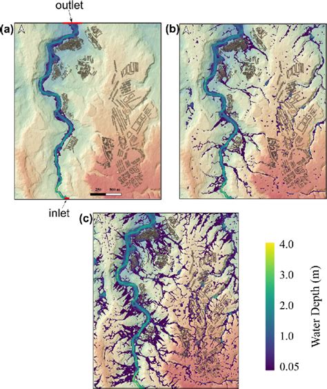 Flood inundation maps for three scenarios: (a) fluvial flood; (b)... | Download Scientific Diagram