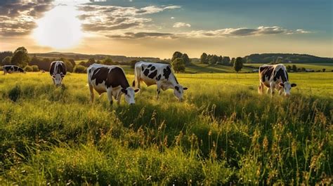 Premium AI Image | Cows grazing in a field at sunset