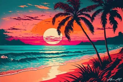 Sea Beach at Sunset with Palm Trees Graphic by Alone Art · Creative Fabrica