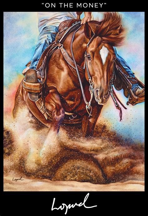 Watercolor painting "On the Money" by artist Lisa Lopuck. Features a reining horse in action ...