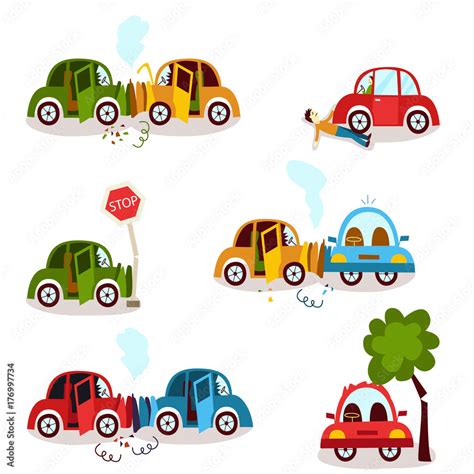 Car accident, motor vehicle collision, fender bender set, cartoon ...