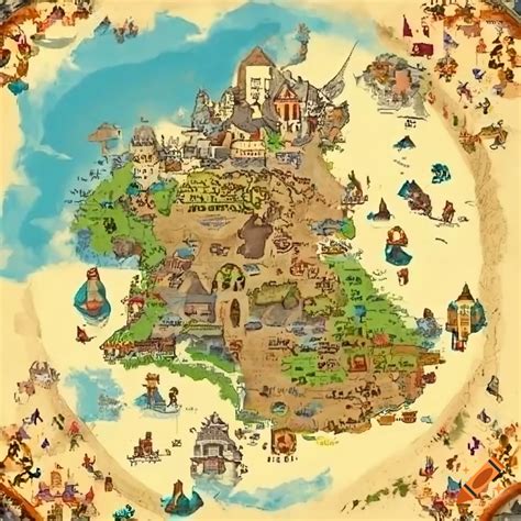 Map of a kids fairytale empire with multiple kingdoms in a bright 15th-century style on Craiyon