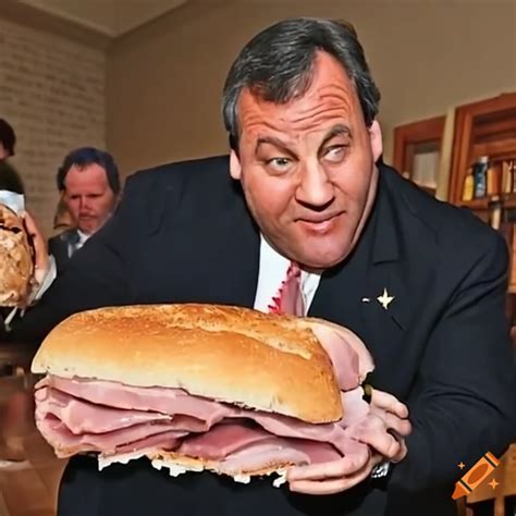 Chris christie eating a large ham sandwich on Craiyon