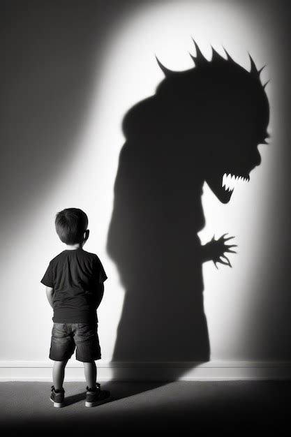 Premium Photo | Little boy standing in front of shadow of monster on wall generative ai