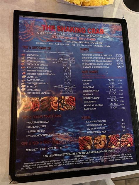 Menu at Shaking Crab restaurant, Virginia Beach