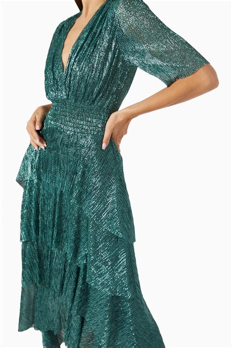 Shop Maje Green Ruffle Tiered Lurex Dress for Women | Ounass UAE