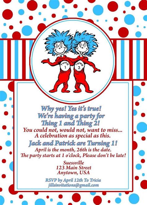 Dr Seuss Birthday Invitation, Invitations, Thing 1 and thing 2, Birthday | 2nd baby showers, Dr ...