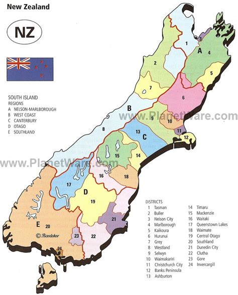 Map of New Zealand - South Island Regions and Districts | PlanetWare