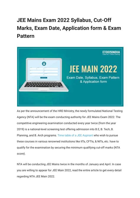 PPT - JEE Mains Exam 2022 Syllabus, Cut-Off Marks, Exam Date, Application form & Exam Pattern ...